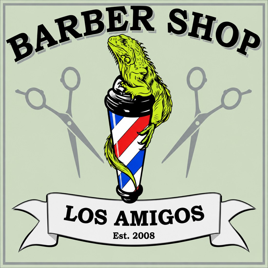 The Los Amigos Barber Shop sign: an iguana wrapped around a barber pole above a banner reading Los Amigos, Est. 2008