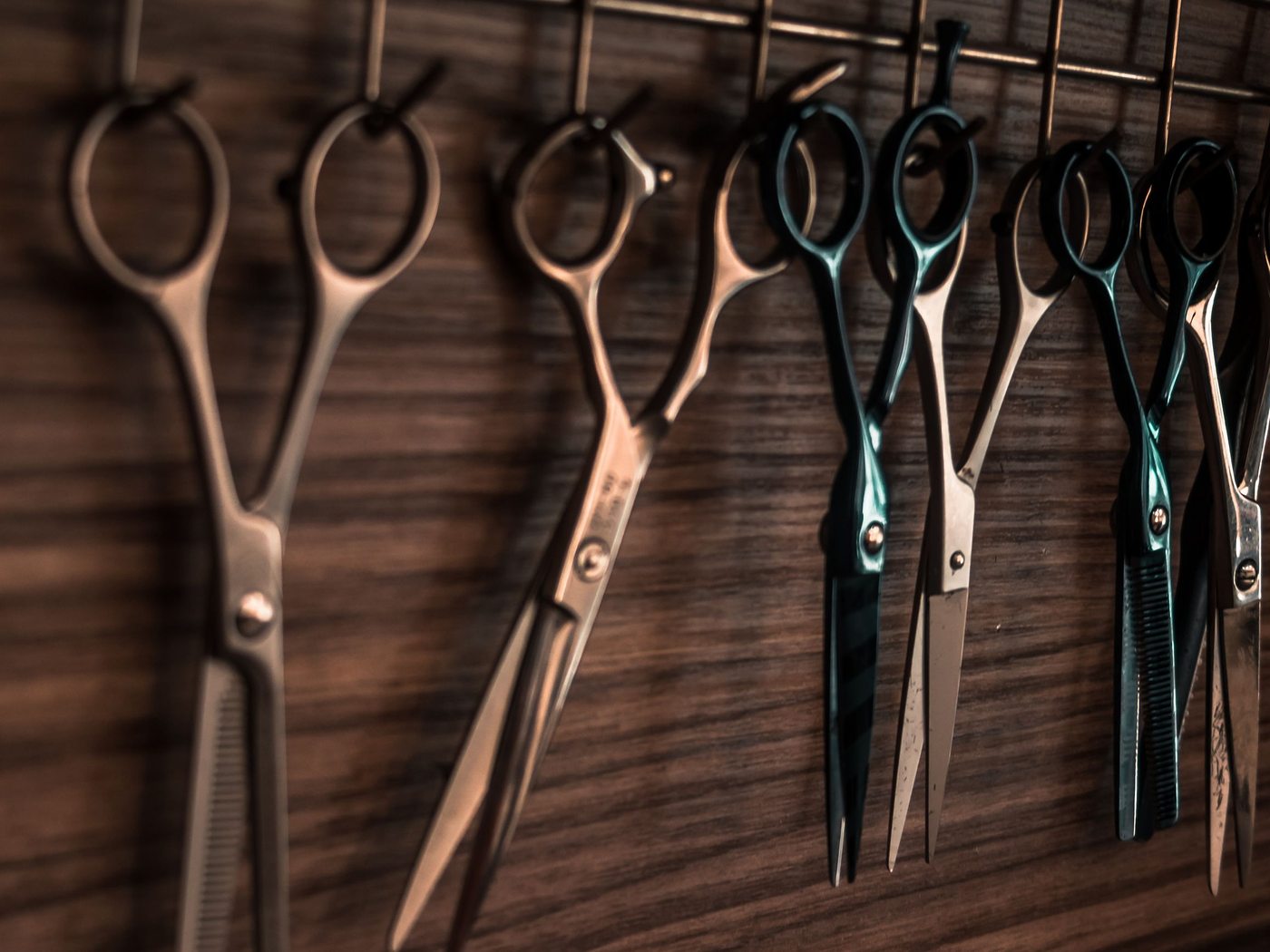Barber shears lined up on the wall